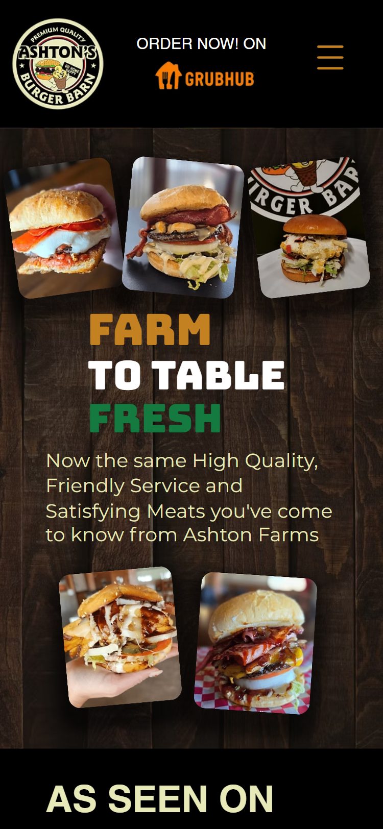The Ashton's Burger Barn site on a phone: the headline Family Burgers Made Fresh in Delta over a photo of the restaurant, with a call button at the top