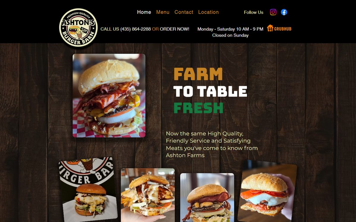 The Ashton's Burger Barn home page: a photo of the restaurant at sunset with the headline Family Burgers Made Fresh in Delta